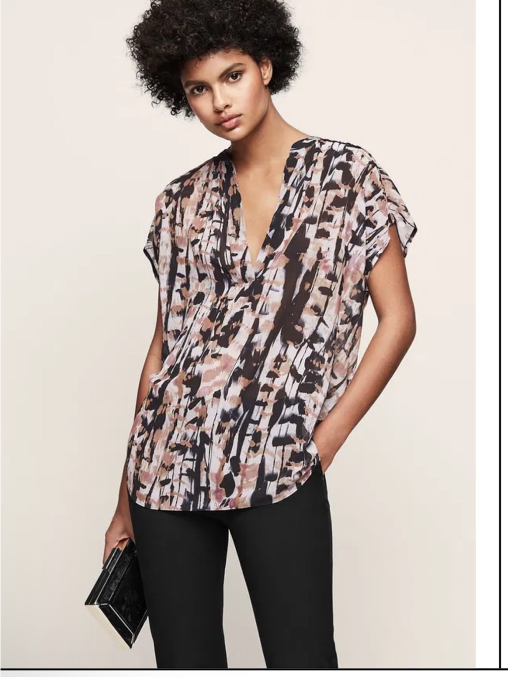 Reiss Abstract V-Neck Cap Sleeve Blouse - Pink, Black, Cream